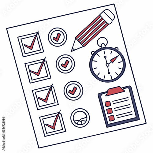Checklist with pencil stopwatch and clipboard task list completed tasks