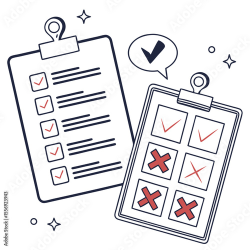 Checklists with red crosses and ticks on white background blue