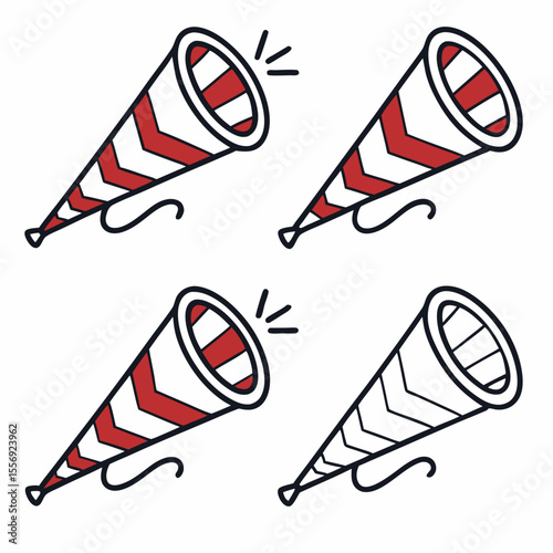 Four party horns with red and white stripes celebration noise maker