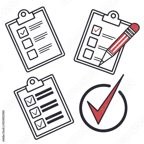 Checklist icons with pencil and red checkmark clipboard task list