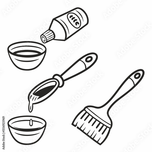 Sauce bottle brush and bowls with liquid pouring