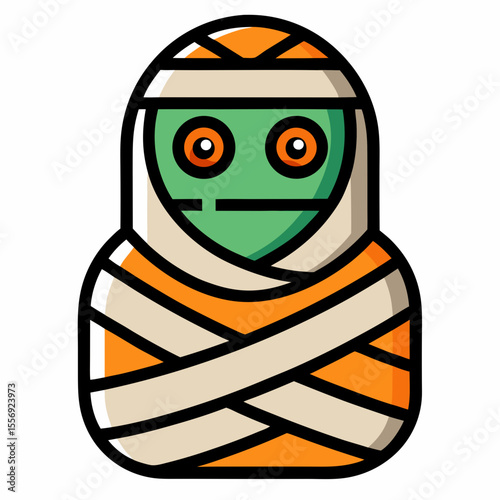 Green mummy wrapped in bandages and orange fabric halloween monster