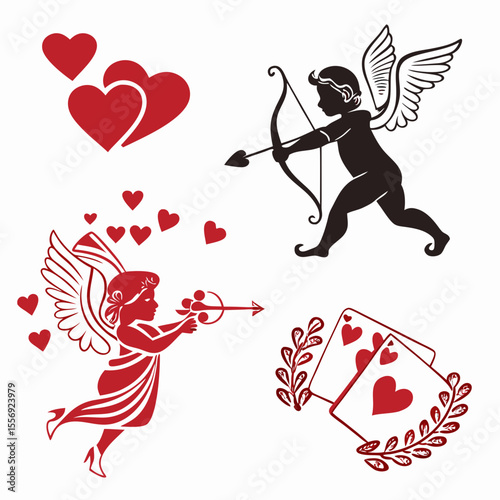 Cupid hearts and playing cards icons valentine love