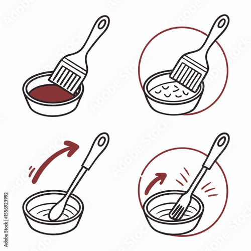 Culinary brush dipping into sauce and mixing bowl