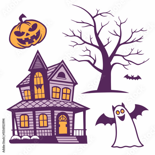 Spooky haunted house with grinning pumpkin and flying ghost halloween