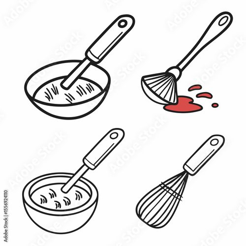 Kitchen utensils whisking and brushing food items bowl