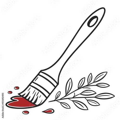 Red liquid dripping from brush onto plant leaves