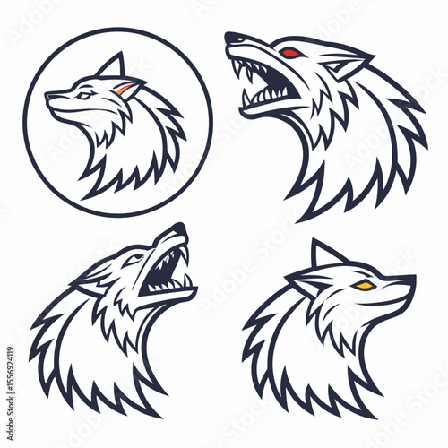 Fierce wolf heads stylized icons aggressive wild animals werewolf logo