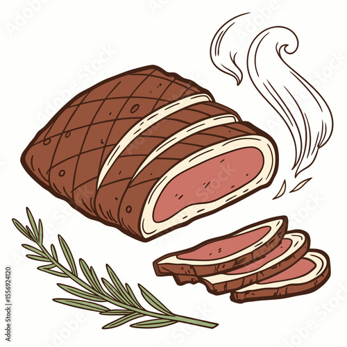 Sliced smoked brisket with rosemary and steam sliced meat beef
