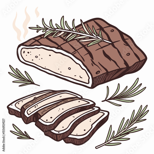 Sliced grilled meat with rosemary sprigs sliced meat brisket