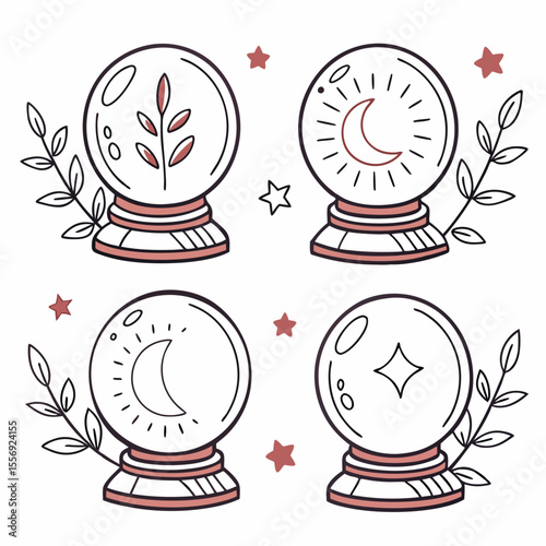 Mystical crystal balls with celestial and botanical elements fortune telling divination