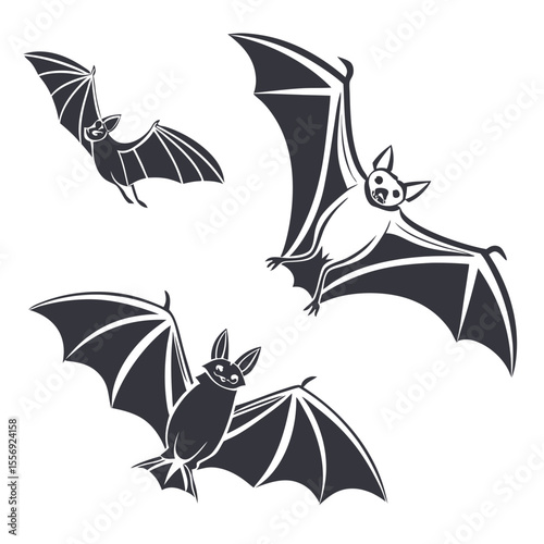 Dark flying bats spread wings white background silhouette