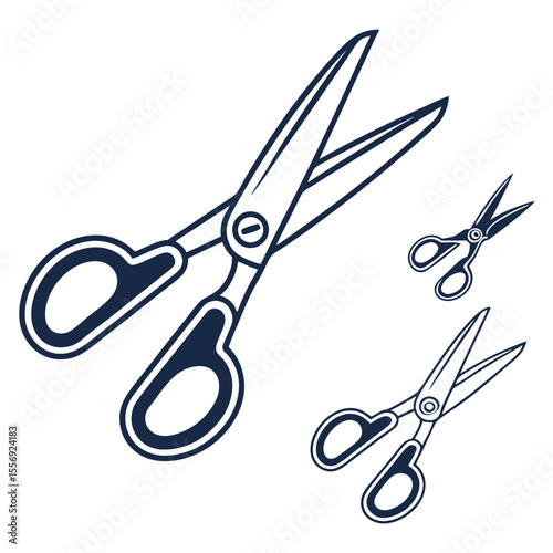 Three dark blue scissors on white background cutting sharp