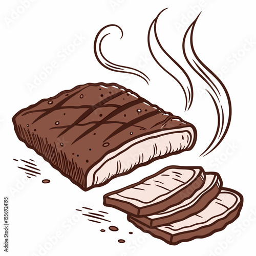 Smoked grilled meat slices with steam smoked meat brisket