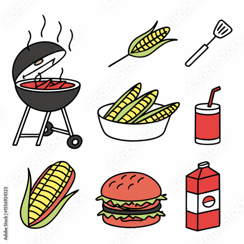 Barbecue grill corn burger drink carton spatula corn on the cob