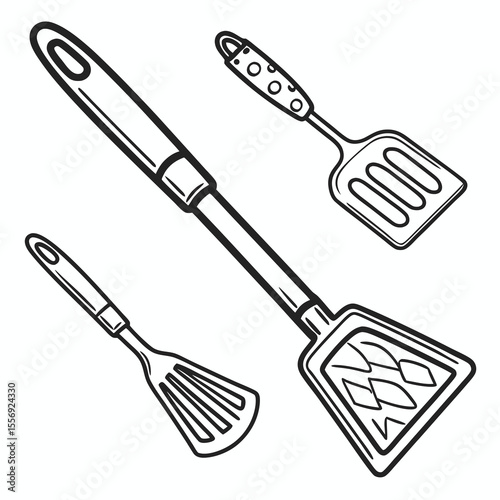 Kitchen spatulas cooking utensils set black outline grilling