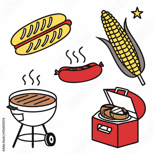 Backyard barbecue food and grill icons hot dog corn on the cob