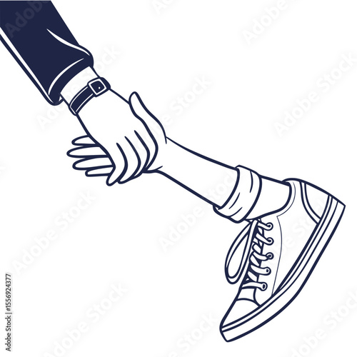 Two hands holding a foot wearing a sneaker holding hands shoe