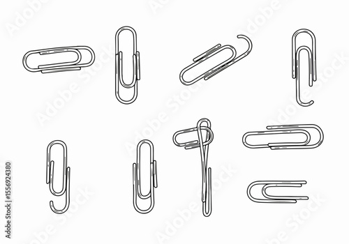 Set of line art paper clips in various positions on a white background.