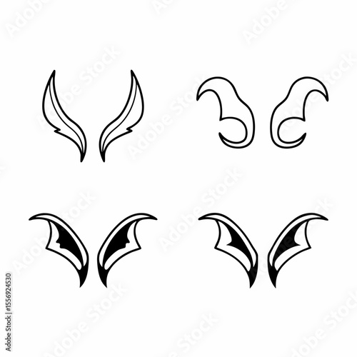 Four pairs of stylized devil horns and wings icons symbols