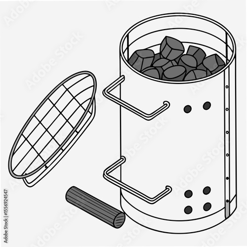 Barbecue chimney starter with charcoal and grill grate cooking