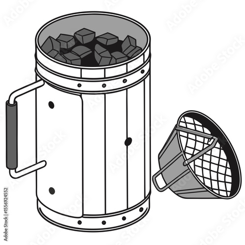 Charcoal chimney starter with briquettes and grate barbecue grill