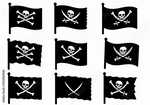 Collection of nine black pirate flags in different designs, featuring skulls with crossbones or crossed swords, isolated on a white background.
