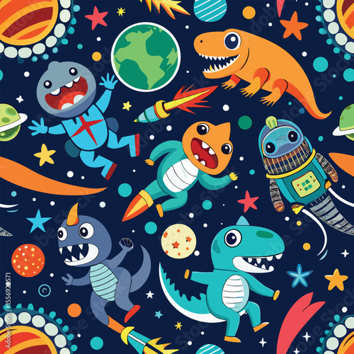 Seamless cartoon vector pattern with funny sea monsters and tropical marine animals