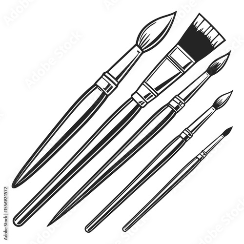 Set of five black paintbrushes with varying bristle shapes and sizes art supplies
