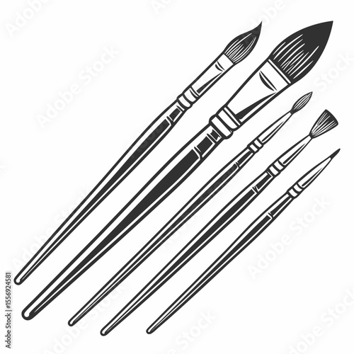 Various paintbrushes with black bristles and handles on white art supplies drawing tools