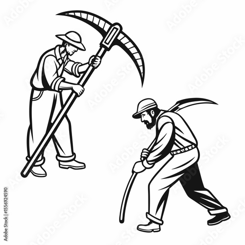 Farmers with scythes harvesting crops farming agriculture