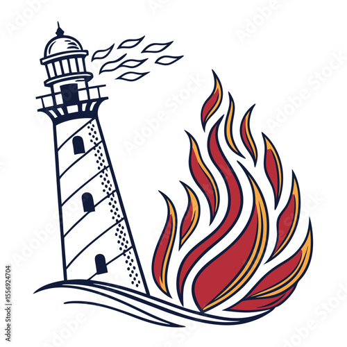 Lighthouse engulfed in stylized flames and smoke fire maritime