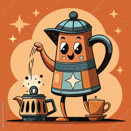A hot beverage teapot and cup set on a white isolated background for breakfast