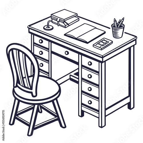 Wooden desk with chair and office supplies books pencils