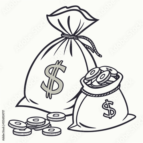 Money bags with dollar signs and coins finance wealth