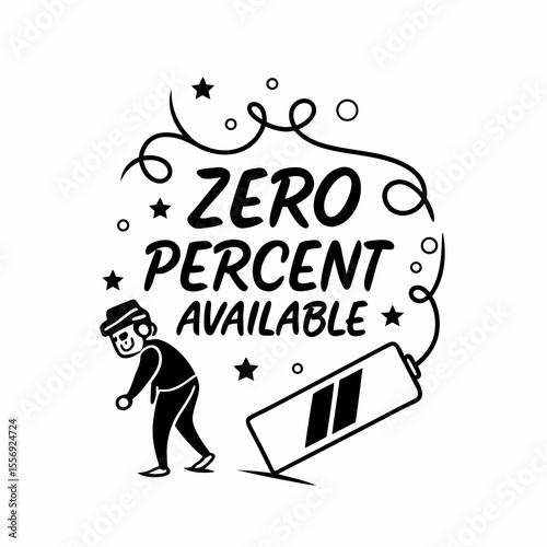Cartoon character with empty battery and festive decorations black and white low power
