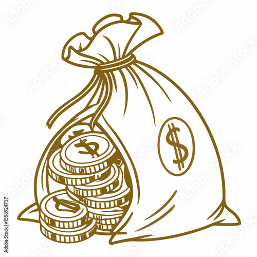 Golden money bag overflowing with coins dollar sign wealth