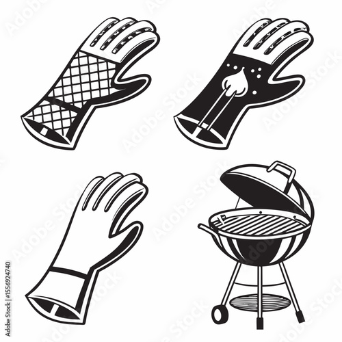 Black and white barbecue grill and heat resistant gloves cooking