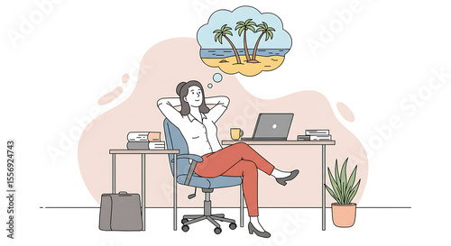 An office worker escapes stress by daydreaming of a beach vacation. A clean vector showing the need for work-life balance and holiday leave. Set for remote work burnout, Remote work stress, lifestyle