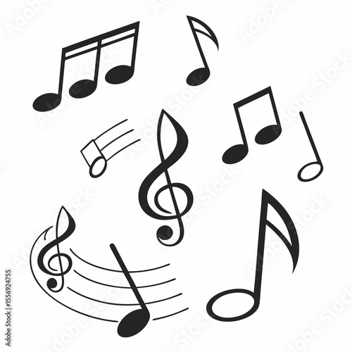 Black musical notes and treble clefs on white musical symbols
