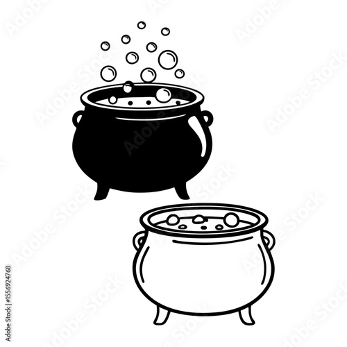 Black and white cauldrons with bubbling liquid boiling bubbles