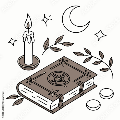Mystical book candle moon stars branches potion witch magic