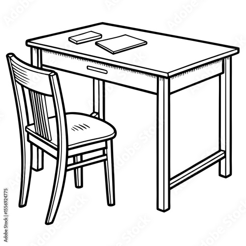 Wooden desk with chair and books study writing