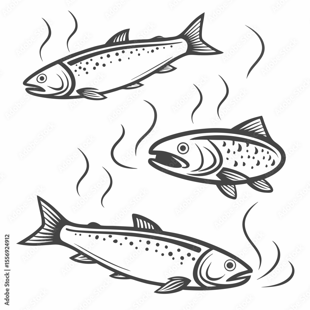 Fototapeta premium Three stylized smoked salmon fish with steam smoked fish seafood