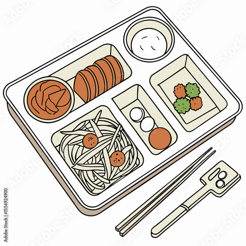 Divided food tray with noodles meat sauce and vegetables vector