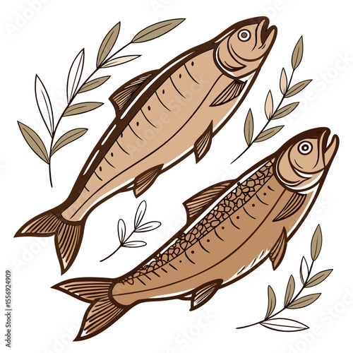 Two brown fish with decorative branches on white smoked fish seafood