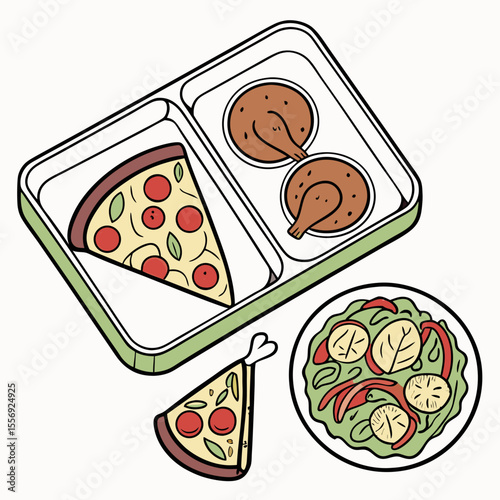 Lunchbox meal with pizza chicken and salad pepperoni cheese