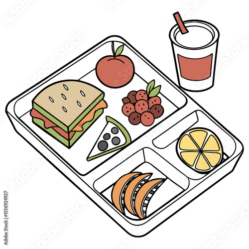 Tray with sandwich apple berries pizza orange slices and drink food tray