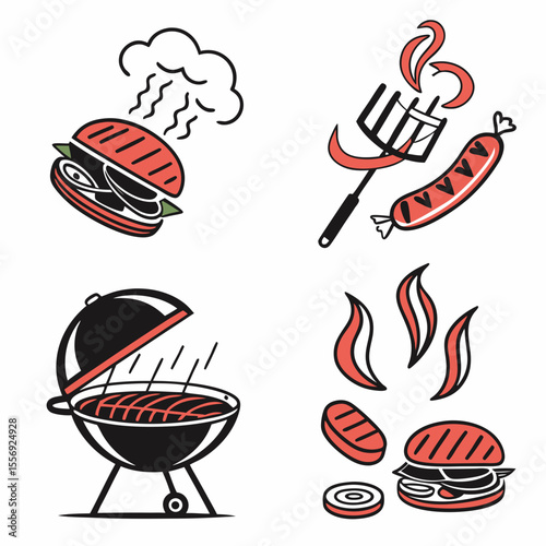 Barbecue grill burger sausage cooking icons vector