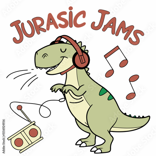 Dinosaur enjoying music with headphones and radio music notes listening